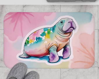 Floral Manatee Bath Mat- Underwater Vibes, Bathroom Decor, Ocean Animal Theme, Sea Life Art, Unique Home Accessories