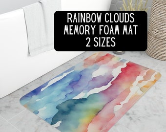 Tapis de bain coloré en mousse à mémoire de forme aquarelle, nuages arc-en-ciel