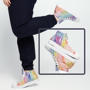 Chaussures montantes en toile pour femme, baskets arc-en-ciel pastel, imprimé aquarelle coloré, jolies baskets à rayures, chaussures montantes uniques, cadeau fantaisiste pour adolescent
