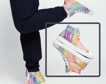 Women high top canvas shoes, pastel rainbow sneakers, colorful watercolor print, pretty stripes kicks, unique high tops, whimsical teen gift