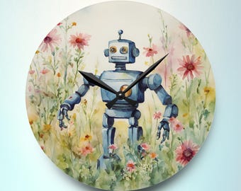 Robot in Flower Field Acrylic Wall Clock, Unique Home Decor, gender neutral nursery, Kids Bedroom Decoration, Botanical Science Fiction art
