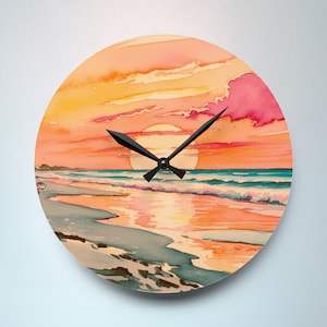 Watercolor Beach Sunset Clock, Coastal Ocean Seascape Wall Art