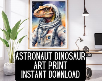 Dinosaur Astronaut Watercolor Art - Space Adventure Dinosaur Print for Kids&#39; Room or Sci-Fi Themed Decor Tyrannosaurus Fantasy T-Rex Gift