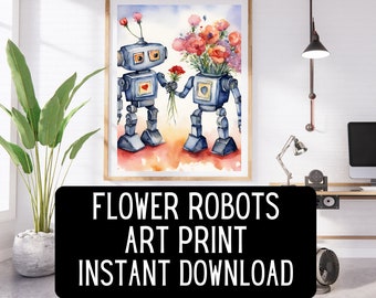 Romantic Robot Watercolor style Art – Digital Download for Quirky, Love-Themed Wall Decor Floral Flowers Robot Cute Valentine Image