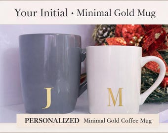 Custom Initial Coffee Cup • Gold Letter Ceramic • Minimal Personalized Gift