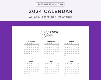 2024 Calendar Printable, Year At a Glance, Yearly Wall Calendar, Desk Calendar Template, Minimalist Calendar, Digital Download