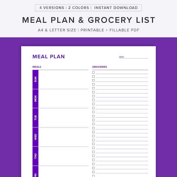 Weekly Meal Planner with Grocery List Printable Template, 7 Day Menu Plan, Food Planner, Health & Fitness, A4/Letter, Printable Menu Planner