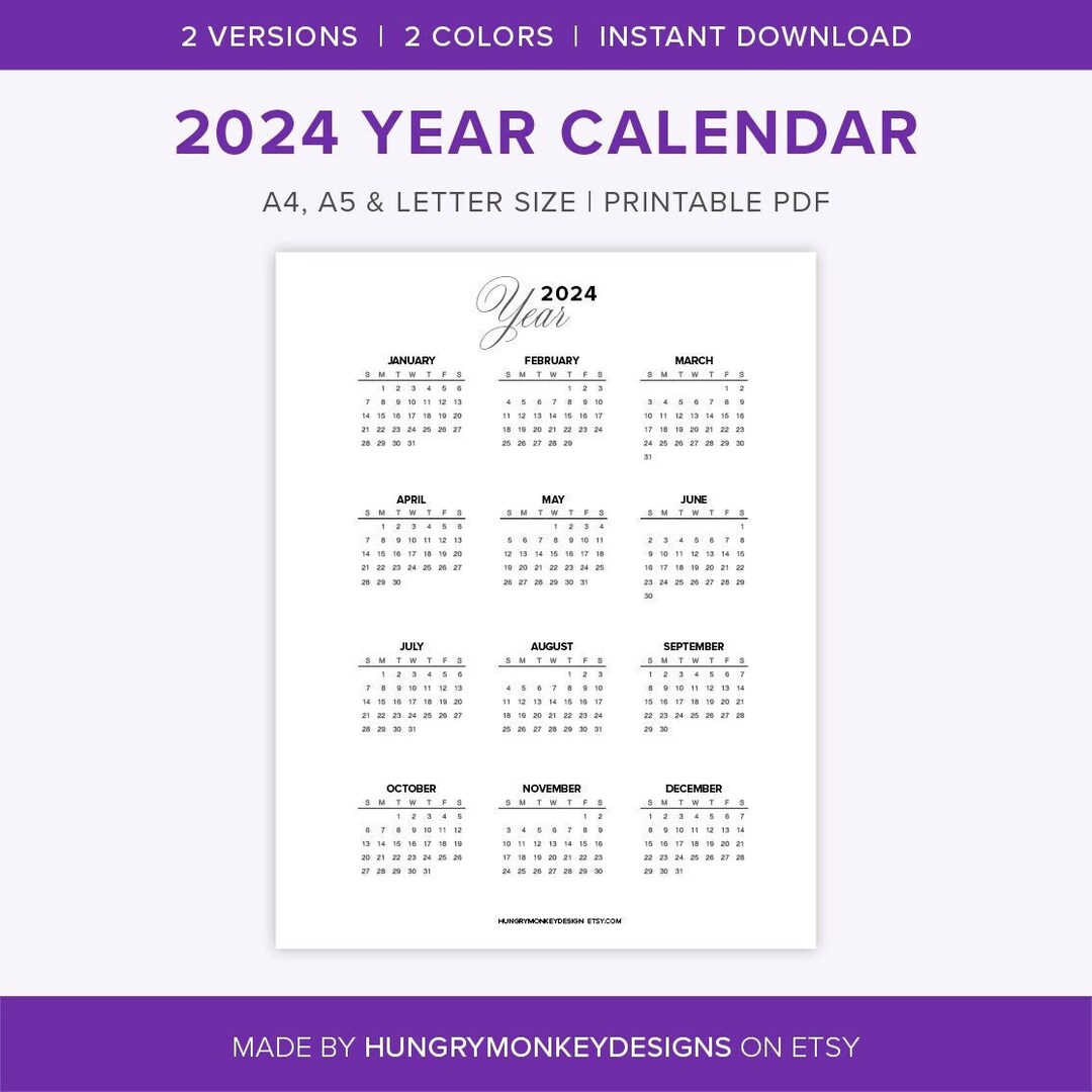 2024 Year Calendar Printable Year at a Glance Yearly Wall Etsy