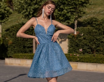 sachin and babi light blue dress A-Line Lace Short Sky Blue Homecoming Dress Sky Blue / 10 main image 1