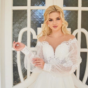 Flowy Wedding Dress, Romantic Lace Gown, Bohemian Dress With Train, Unique Puff Sleeve Dress, Ivory Bridal Gown, Sleeved Wedding Dress