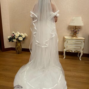 Unique Bridal Veil with Satin Ribbon Edge, Custom Cascading Double Wedding Veil, Satin Trim Veils