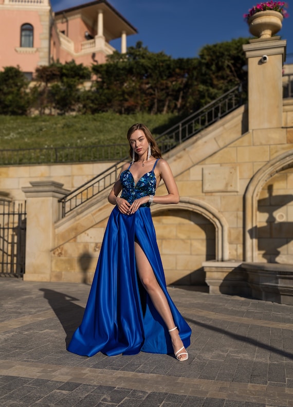shades of blue formal dresses Formal Evening Dress, Elegant Gown, Custom Made Formal Dress, Flower Lace V Neck Dress, Floral Ball Handmade Gown Sequin Bodice Prom Beaded