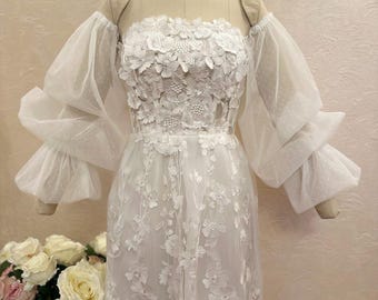 Manches de mariée amovibles en tulle à pois, vêtements de mariée bohèmes, manches longues personnalisées, manches de robe de mariée en dentelle faite main