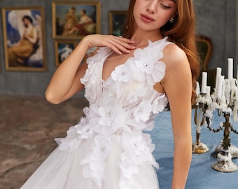 3D Blumenhochzeitskleid, handgefertigtes A-Linie-Brautkleid aus Tüll, Brautkleid nach Maß, Brautkleid nach Maß