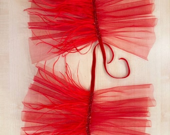 Può includere: Due volant di collo in tulle rosso e piume con lacci in nastro di velluto.