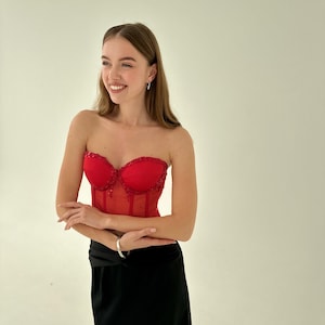 Red Corset Top, Evening Sheer Bustier Top, Boned Satin Bustier Corset, Overbust Lace Up Corset, Crystal Lace Bodice Corset
