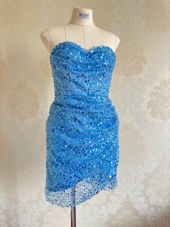 sachin and babi light blue dress Illusion Neck Cape Sleeve Crepe Cocktail