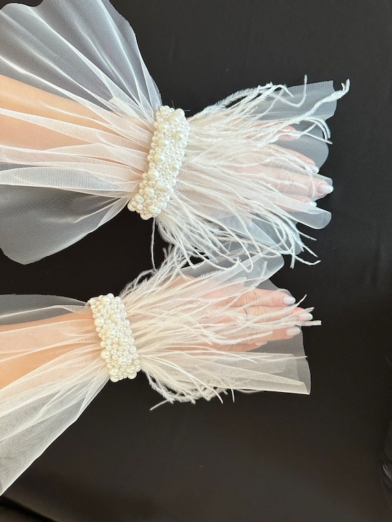 Guanti In Tulle Bianchi Senza Dita - Con Perle Per Matrimoni E Feste, Lunghi Fino Al Gomito - Foto 4