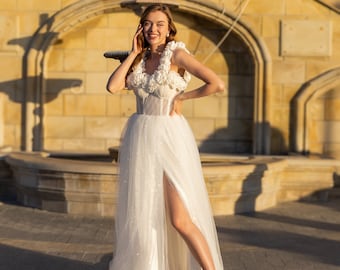 Unique Boho Beach Wedding Dress, Floral Lace Wedding Dress, Corset Fairy Wedding Dress, Glitter Tulle Slit Princess Bridal Gown