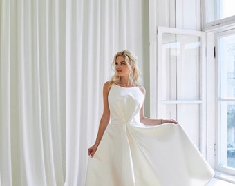 Elegant Simple Midi Wedding Dress, Shift Modest Bridal Gown, Casual White Satin Wedding Dress, Civil Court Wedding Dress, Elopement Dress