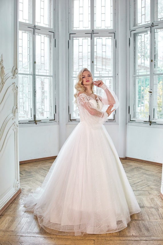 Ivory Pearl Wedding Dress, Unique Beaded Bridal Gown, Lace Sleeved Wedding Dress, Puff Sleeve Satin Dresses, Bohemian Wedding Dress
