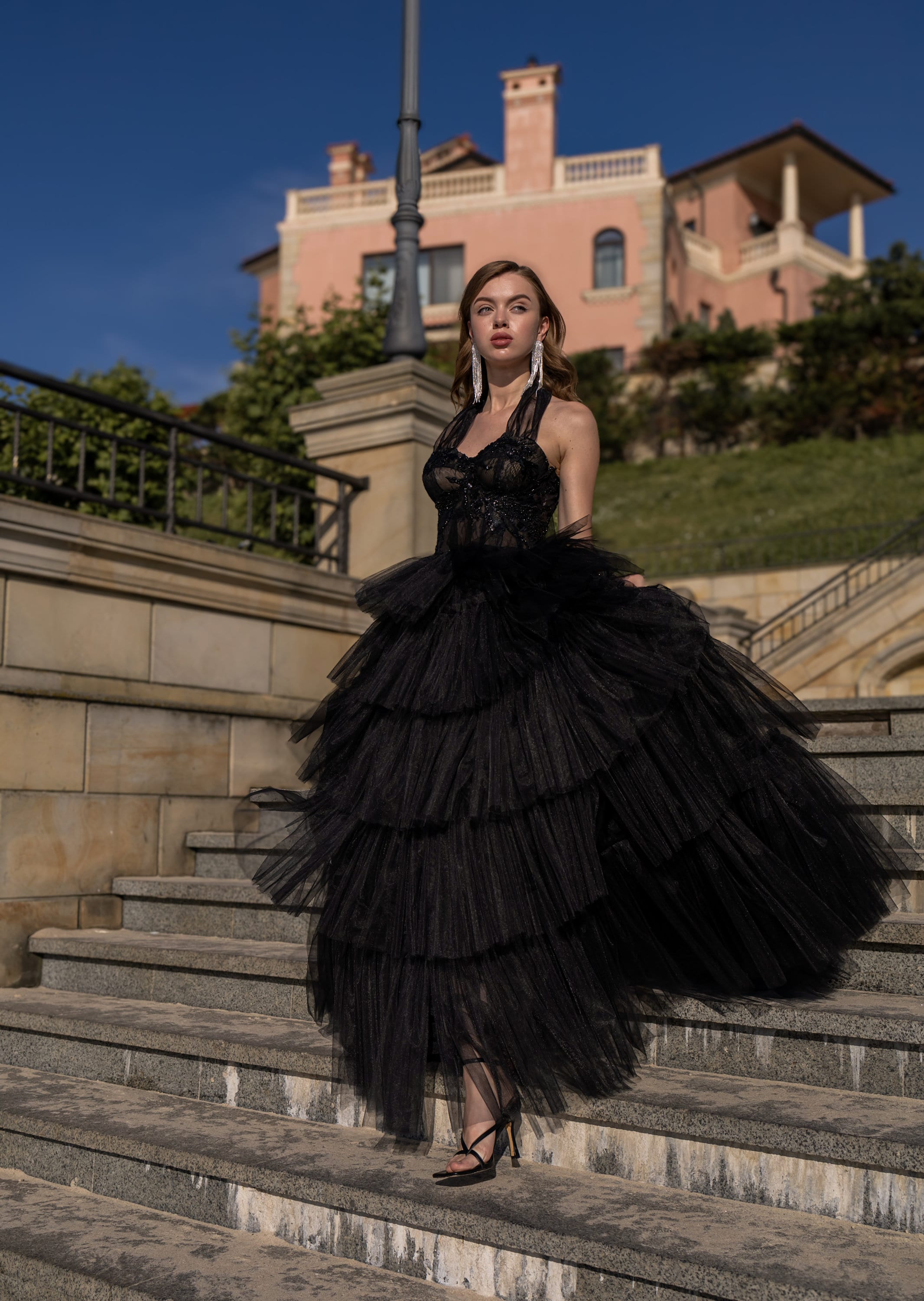black tutu corset dress Talia Black A Line Sweetheart Corset Long Tulle Prom Dress with Slit Black / 14