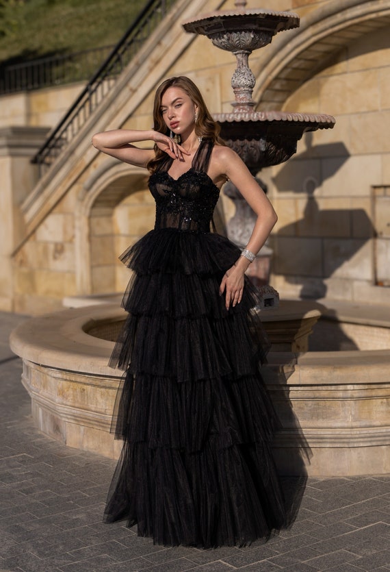 Gothic Tulle Dress,Corset Tiered Witch Gown, Black Wedding Sparkly Retro Dress,Beaded Maxi Party Dress, Superstar, Halloween Gothic Ballroom Gothic Tulle Dress,Corset Tiered Witch Gown, Black Wedding Sparkly Retro Dress,Beaded Maxi Party Dress, Superstar, Halloween Gothic Ballroom