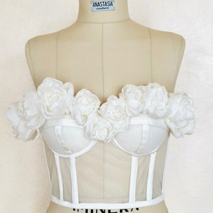 White Floral Bridal Corset, Lace Up Wedding Corset, Evening Satin Corset Top. Mesh Corset With Cups, Sheer Corset Bustier