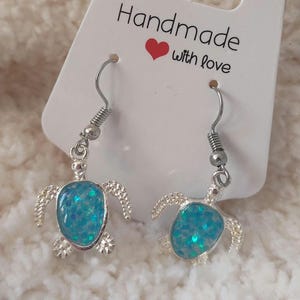 Blue Glitter turtle dangle earrings, turtle earrings, light weight cute dangle earrings