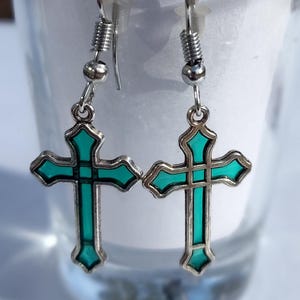 Green Cross Dangle Earrings