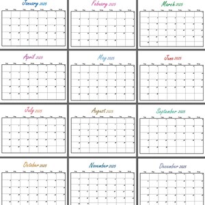 Könnte beinhalten: Ein druckbarer Kalender für das Jahr 2025. Der Kalender ist in 12 Monate unterteilt, wobei jeder Monat auf einer separaten Seite angezeigt wird. Die Monate sind mit dem Monatsnamen und dem Jahr 2025 beschriftet. Jeder Monat hat ein Raster mit Tagen, wobei die Wochentage oben beschriftet sind. Der Kalender ist so konzipiert, dass er ausgedruckt und als Planer oder Organizer verwendet werden kann.