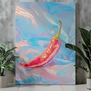 Lebendige rote Chili Paprika Kunstdruck - Küchendekoration, glänzende Oberfläche, Food Illustration, moderne Wandkunst für Gewürzliebhaber, minimalistisches Essen
