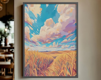 May include: A framed landscape painting depicts a wheat field under a vibrant sky. The artwork features a path through the golden wheat, leading towards rolling hills under a sky filled with fluffy white and pink clouds against a bright blue backdrop.