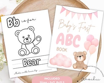 Teddy Bear ABC Book Baby Shower Activity: Printable Coloring Pages, We Can Bearly Wait Pink theme, Alphabet Book Table Sign Included, A015