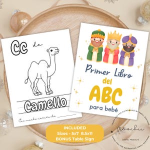 Tres Reyes Magos Libro del Abecedario para Colorear en Español, Actividad Familiar Baby Shower, Cartel Decorativo Incluido, hiszpańska książka ABC