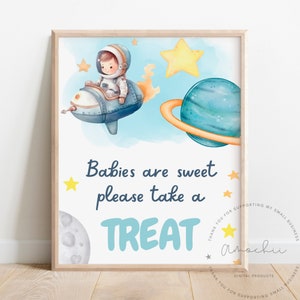Babies are Sweet Please Take a Treat Table Sign, Boy Theme Decoration, Baby Astronaut Space Stars Planets Saturn, Blue Yellow Gold A006