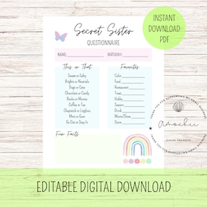 Könnte beinhalten: Ein druckbarer Fragebogen für eine geheime Schwester mit einem Regenbogen- und Blumendesign. Der Fragebogen enthält Abschnitte für "Das oder Das", "Favoriten" und "Lustige Fakten".