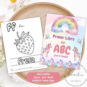 Libro del Abecedario dla Colorear en Español, Actividad Familiar Para Baby Shower, Cartel mesa Decorativo, Unicornio y Arcoíris ABC Book