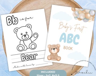 Vi kan nog vänta nallebjörn babyshower ABC babyns första alfabetsbok bordsskylt ingår, babyshoweraktiviteter, målarbilder A010