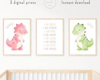 Väggkonst med positiva affirmationer i dinosaurie-stil för barnrum, småbarnsrum, dinosaurielekrum, dinosaurietryck, dekorationstryck för flickor