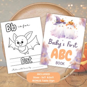 Peut inclure: Un livre d'alphabet imprimable sur le thème d'Halloween pour bébés. La couverture présente deux fantômes portant des chapeaux de sorcière et tenant des citrouilles. La page intérieure montre une illustration en noir et blanc d'une chauve-souris avec la lettre B et le mot "Bat".