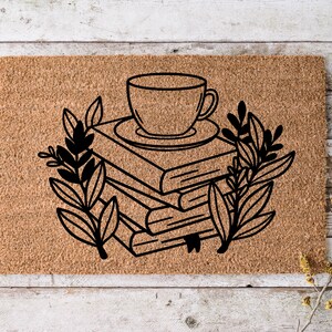 Stack of Books and Coffee Doormat | Reading Doormat | Floral Books and Tea Doormat | Housewarming Gift | Front Door Mat | Custom Doormat