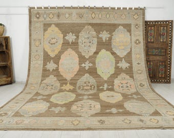 10x14 Vintage Oushak Rug: Handmade Turkish Wool Anatolian Carpet