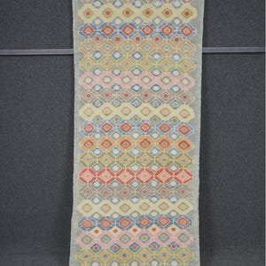 Handmade Wool Oushak Runner Rug: Blue & Gray Vintage Turkish Carpet