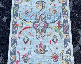 Tappeto Oushak in lana fatto a mano 3x5: tappeto turco grigio-blu