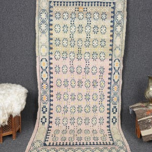 3x7 Vintage Oushak Runner Rug: Faded Pastel Wool, Hand-Knotted