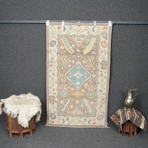 Vintage Turkish Oushak Rug: 3x5 Brown Wool Anatolian Rug