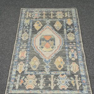 Rug 2 x 4, Handmade Wool Rug, Kitchen Rug, Bedroom Rug, Small Rug, Turkish Rug, Oushak Rug, Black Wool Rug, Floor Rug, 2&#39;2 x 3&#39;7 Feet Rug