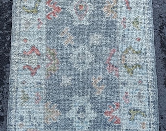 Handmade 2x3 Vintage Turkish Oushak Rug: Neutral Wool Door Mat