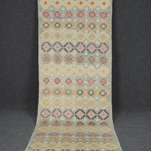 Handmade Wool Oushak Runner Rug: Blue & Gray Vintage Turkish Carpet